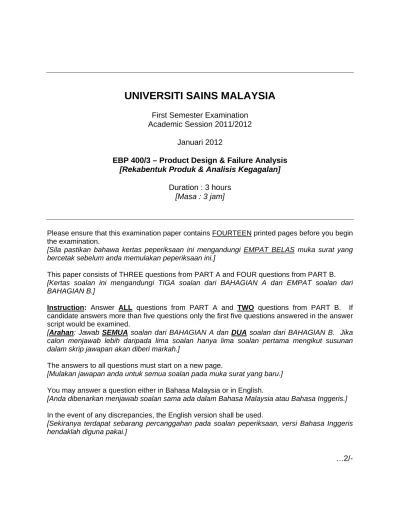 Ebp 400 3 Product Design Failure Analysis Rekabentuk Produk Analisis Kegagalan Januari 2012