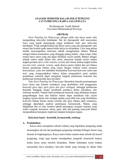 Analisis Semiotik Dalam Serat Pepeling Lan Pamrayoga Karya Jagawigata Rochimansyah Taufik Suhardi Universitas Muhammadiyah Purworejo