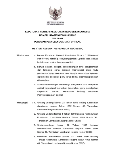 KEPUTUSAN MENTERI KESEHATAN REPUBLIK INDONESIA NOMOR 1424/MENKES/SK/XI ...