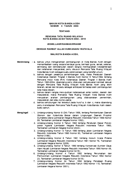 QANUN KOTA BANDA ACEH NOMOR 3 TAHUN 2003 TENTANG RENCANA TATA RUANG ...