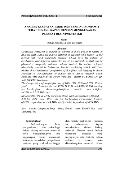 Analisa Kekuatan Tarik Dan Bending Komposit Serat Benang Kapas Dengan
