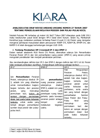 ANALISIS ATAS DRAF REVISI UNDANG-UNDANG NOMOR 27 TAHUN 2007 TENTANG ...