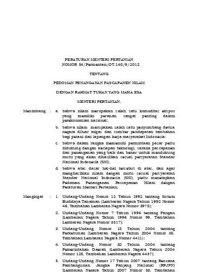 PERATURAN MENTERI PERTANIAN NOMOR 54/Permentan/OT.140/9/2012 TENTANG ...