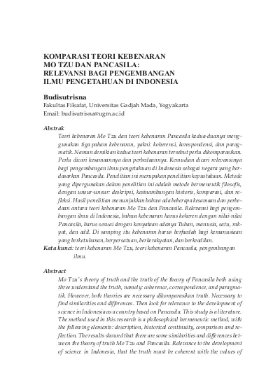Komparasi Teori Kebenaran Mo Tzu Dan Pancasila Relevansi Bagi Pengembangan Ilmu Pengetahuan Di Indonesia