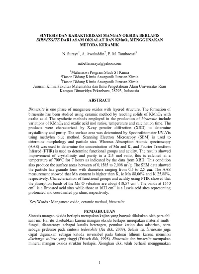 Sintesis Dan Karakterisasi Mangan Oksida Berlapis Birnessite Dari Asam Oksalat Dan Kmno 4 Menggunakan Metoda Keramik