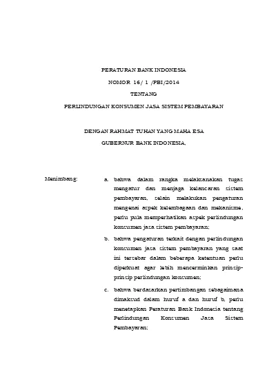 PERATURAN BANK INDONESIA NOMOR 16/ 1 /PBI/2014 TENTANG PERLINDUNGAN ...