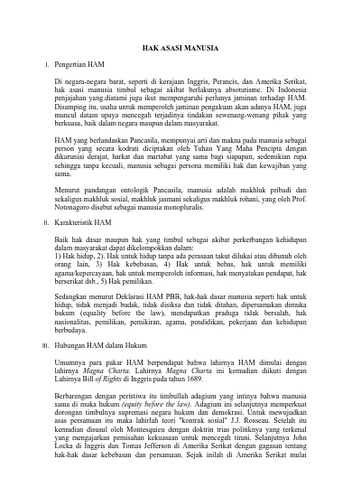 Hak Asasi Manusia I Pengertian Ham Ii Karakteristik Ham Iii Hubungan Ham Dalam Hukum