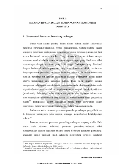 BAB 2 PERANAN HUKUM DALAM PEMBANGUNAN EKONOMI DI INDONESIA. 1. Sinkronisasi Peraturan Perundang-undangan
