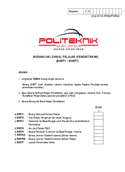 Borang Hal Ehwal Pelajar Pendaftaran Bhep1 Bhep7