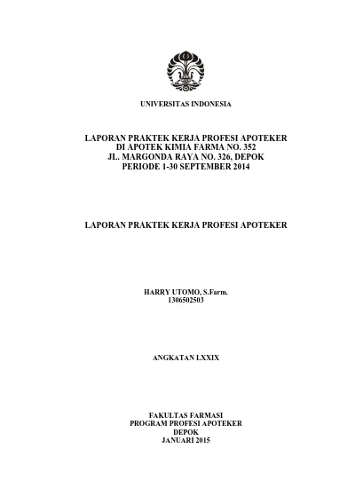 LAPORAN PRAKTEK KERJA PROFESI APOTEKER DI APOTEK KIMIA FARMA NO. 352 JL ...