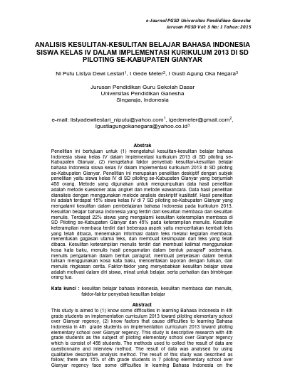 ANALISIS KESULITAN-KESULITAN BELAJAR BAHASA INDONESIA SISWA KELAS IV ...