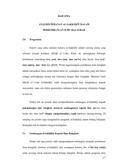 Bab Lima Analisis Peranan Al Sakk K Y Dalam Perkembangan Ilmu Balaghah Seperti Yang Sedia Maklum Bahawa Al Sakk K Y Adalah Seorang Ulama Yang