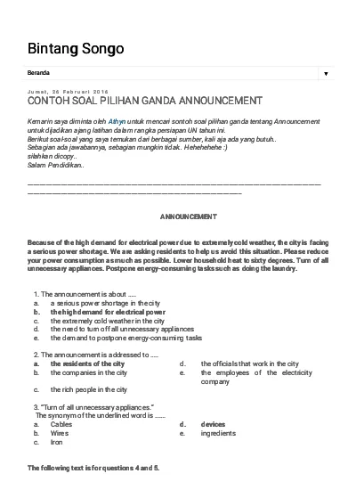 Bintang Songo Contoh Soal Pilihan Ganda Announcement