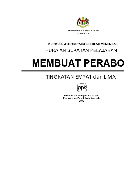 Kementerian Pendidikan Malaysia Kurikulum Bersepadu Sekolah Menengah Huraian Sukatan Pelajaran Membuat Perabot Tingkatan Empat Dan Lima