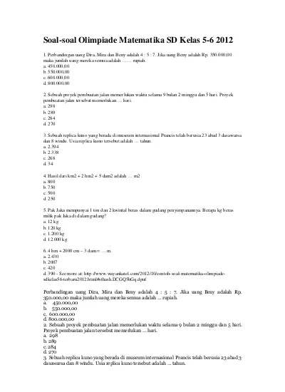 Soal Olimpiade Matematika Sd Penyisihan