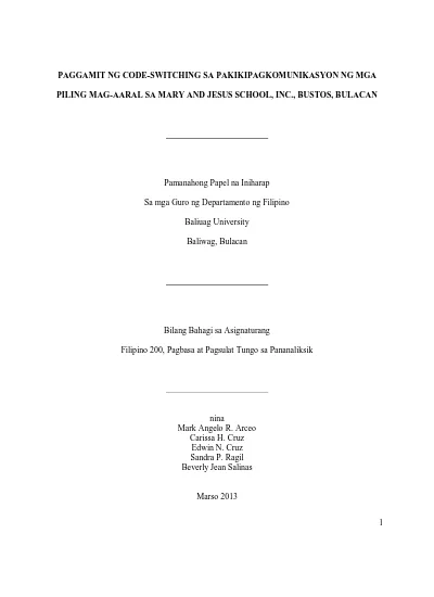 Paggamit Ng Code Switching Sa Pakikipagkomunikasyon Ng Mga Piling Mag Aaral Sa Mary And Jesus School Inc Bustos Bulacan