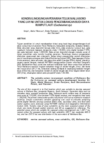 Kondisi Lingkungan Perairan Teluk Mallasoro Yang Layak Untuk Lokasi Pengembangan Budi Daya Rumput Laut Eucheuma Sp