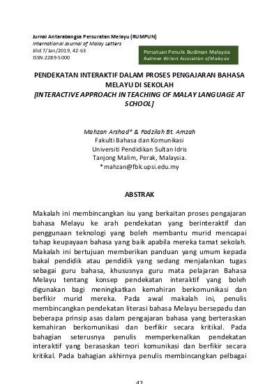 Pendekatan Interaktif Dalam Proses Pengajaran Bahasa Melayu Di Sekolah Interactive Approach In Teaching Of Malay Language At School Abstrak