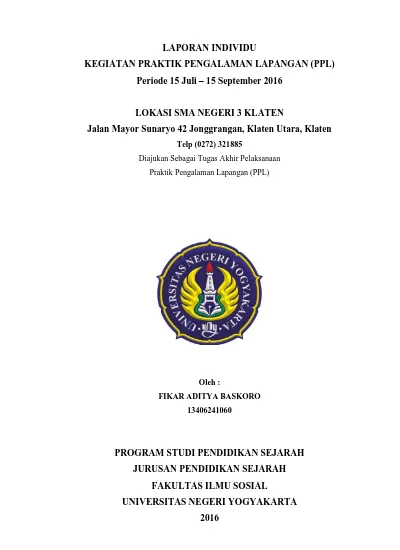 LAPORAN INDIVIDU KEGIATAN PRAKTIK PENGALAMAN LAPANGAN (PPL) Periode 15 ...