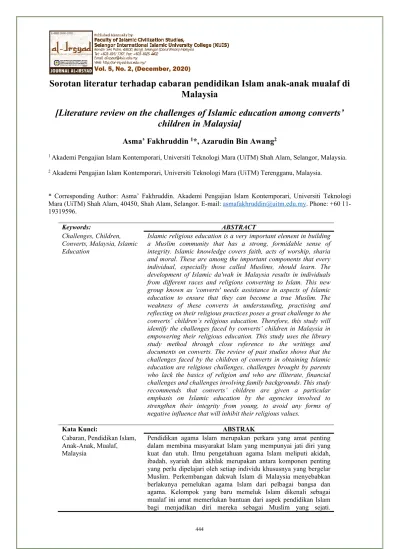 Sorotan Literatur Terhadap Cabaran Pendidikan Islam Anak Anak Mualaf Di Malaysia