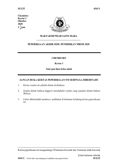 Sulit 4541 1 Maktab Rendah Sains Mara Peperiksaan Akhir Sijil Pendidikan Mrsm 2020 Chemistry Kertas 1 Satu Jam Lima Belas Minit