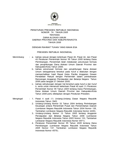 Peraturan Presiden Republik Indonesia Nomor 74 Tahun 2005 Tentang Dana