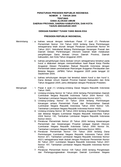 PERATURAN PRESIDEN REPUBLIK INDONESIA NOMOR 3 TAHUN 2004 TENTANG DANA ...