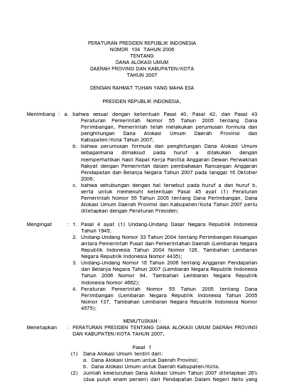 PERATURAN PRESIDEN REPUBLIK INDONESIA NOMOR 104 TAHUN 2006 TENTANG DANA ...