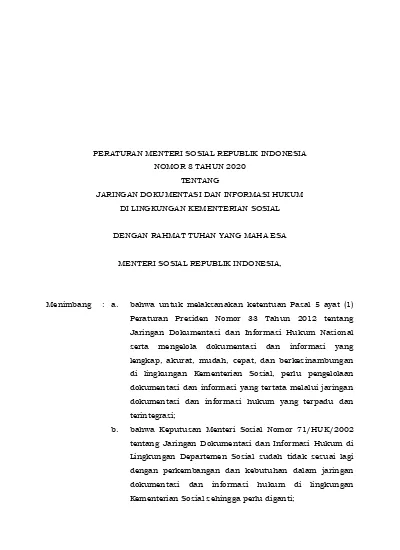 PERATURAN MENTERI SOSIAL REPUBLIK INDONESIA NOMOR 8 TAHUN 2020 TENTANG ...