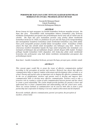 Persepsi Ibu Bapa Dan Guru Tentang Kaedah Komunikasi Berkesan Di Antara Prasekolah Dan Rumah