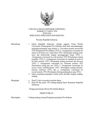 UNDANG-UNDANG REPUBLIK INDONESIA NOMOR 25 TAHUN 1954 TENTANG PERJANJIAN ...