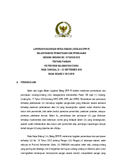 LAPORAN KUNJUNGAN KERJA BADAN LEGISLASI DPR RI DALAM RANGKA PEMANTAUAN ...