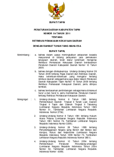 BUPATI TAPIN PERATURAN DAERAH KABUPATEN TAPIN NOMOR 04 TAHUN 2011 ...