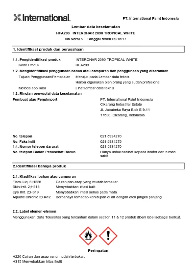 Lembar Data Keselamatan. HFA293 INTERCHAR 2090 TROPICAL WHITE No Versi ...