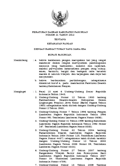 PERATURAN DAERAH KABUPATEN PASURUAN NOMOR 21 TAHUN 2012 TENTANG ...