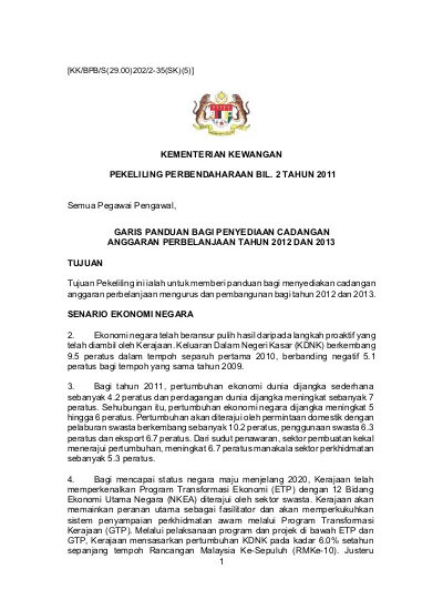 Kementerian Kewangan Pekeliling Perbendaharaan Bil 2 Tahun 2011 Garis Panduan Bagi Penyediaan Cadangan Anggaran Perbelanjaan Tahun 2012 Dan 2013