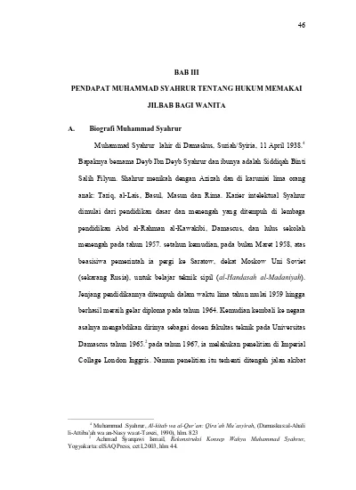 Bab Iii Pendapat Muhammad Syahrur Tentang Hukum Memakai Jilbab Bagi Wanita Bapaknya Bernama Deyb Ibn Deyb Syahrur Dan Ibunya Adalah Siddiqah Binti