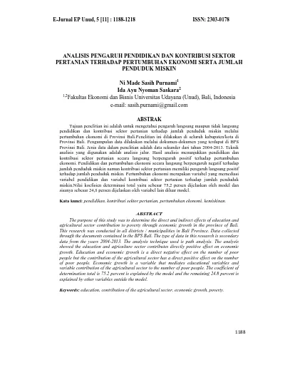 ANALISIS PENGARUH PENDIDIKAN DAN KONTRIBUSI SEKTOR PERTANIAN TERHADAP ...