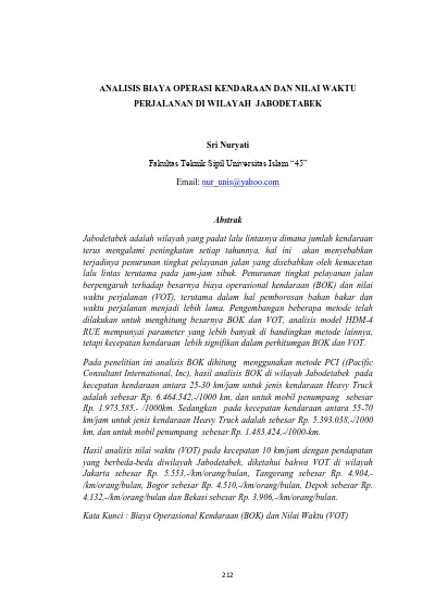 ANALISIS BIAYA OPERASI KENDARAAN DAN NILAI WAKTU PERJALANAN DI WILAYAH ...