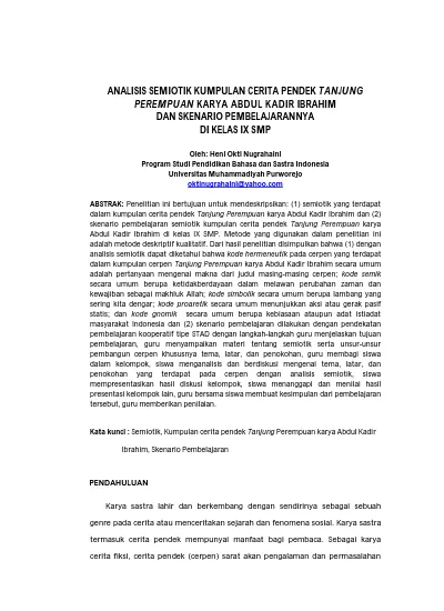 Analisis Semiotik Kumpulan Cerita Pendek Tanjung Perempuan Karya Abdul Kadir Ibrahim Dan Skenario Pembelajarannya Di Kelas Ix Smp