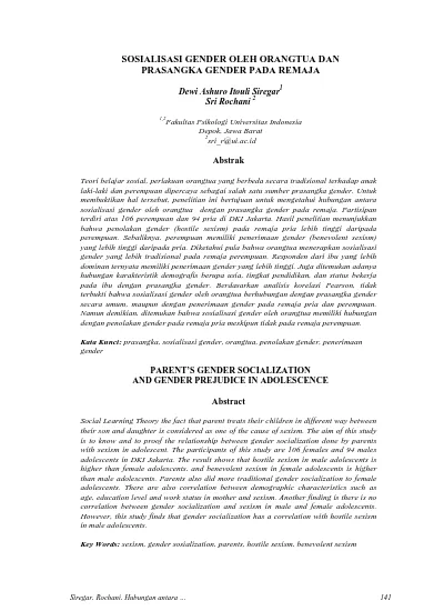 Sosialisasi Gender Oleh Orangtua Dan Prasangka Gender Pada Remaja