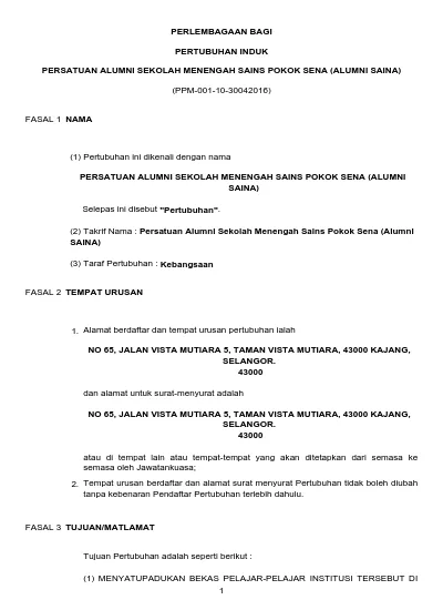 Perlembagaan Bagi Pertubuhan Induk Persatuan Alumni Sekolah Menengah Sains Pokok Sena Alumni Saina Ppm