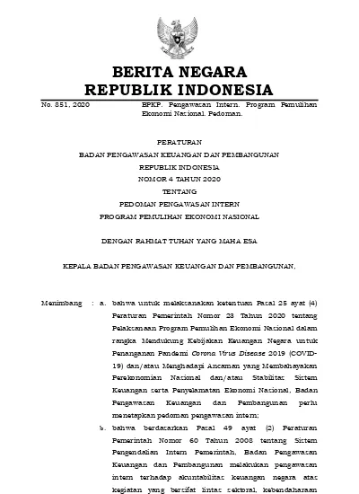 No. 851, 2020 BERITA NEGARA REPUBLIK INDONESIA BPKP. Pengawasan Intern ...