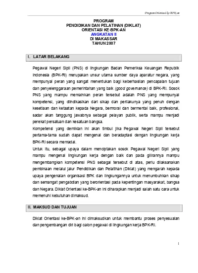 Program Pendidikan Dan Pelatihan Diklat Orientasi Ke Bpk An Angkatan Ii Di Makassar Tahun 2007