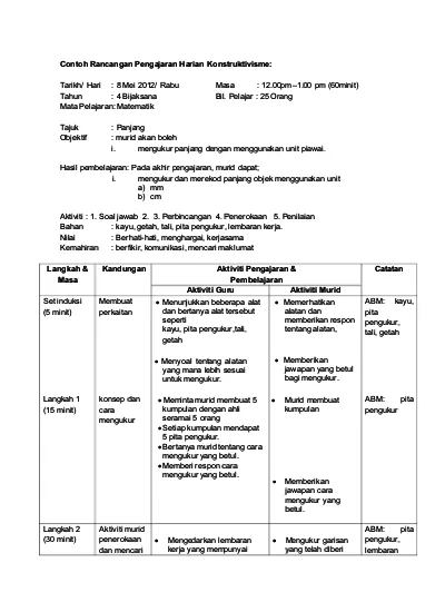 Contoh Rancangan Pengajaran Harian Konstruktivisme Dan Objektivisme Docx