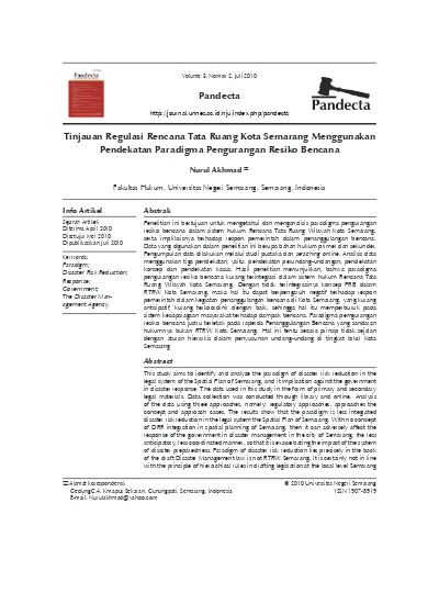 Pandecta Tinjauan Regulasi Rencana Tata Ruang Kota Semarang Menggunakan Pendekatan Paradigma Pengurangan Resiko Bencana