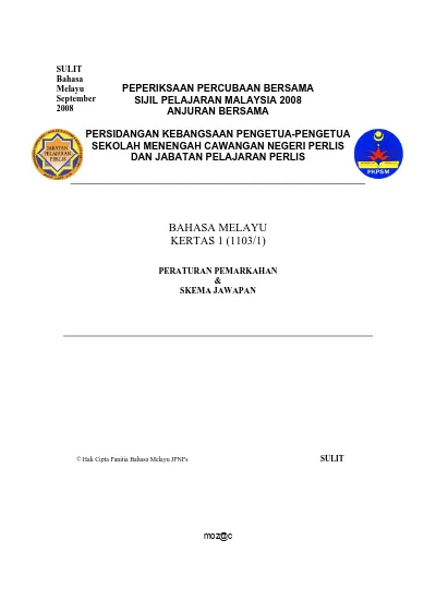 Sulit 1103 1 Penilaian Percubaan Spm Negeri Pahang Tingkatan 5 Skema Bahasa Melayu Kertas 1