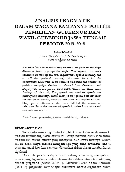 Analisis Pragmatik Dalam Wacana Kampanye Politik Pemilihan Gubernur Dan Wakil Gubernur Jawa Tengah Periode