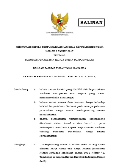 PERATURAN KEPALA PERPUSTAKAAN NASIONAL REPUBLIK INDONESIA NOMOR 1 TAHUN ...