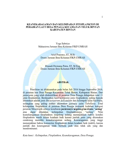 KEANEKARAGAMAN DAN KELIMPAHAN FITOPLANKTON DI PERAIRAN LAUT DESA PENAGA ...